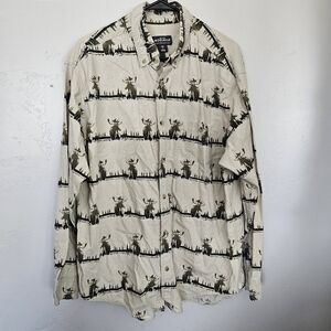Woolrich Men's XL Moose Outdoor Print Long Sleeve Shirt Cream Olive Green Button